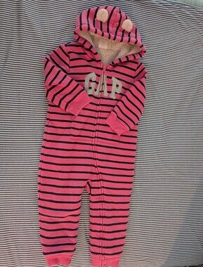 Baby Gap Pink and Black Striped Logo Hoodie One-piece Fleece Jumpsuit